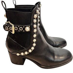 Zara Black Botin Pearl Studded Ankle Boots Buckle, 36, Punk-Glam NEW